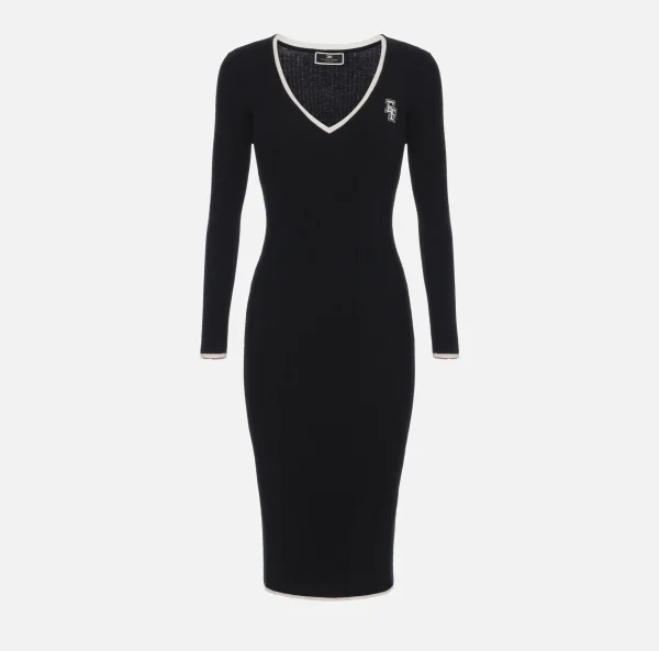 Elisabetta Franchi Abiti Midi | Abiti In Maglia^Abito midi in viscosa con logo a contrasto Nero/Burro