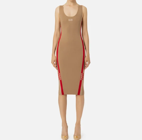 Elisabetta Franchi Abiti Tubino | Abiti Midi^Abito midi in viscosa con bande logo Camel/RedPassion