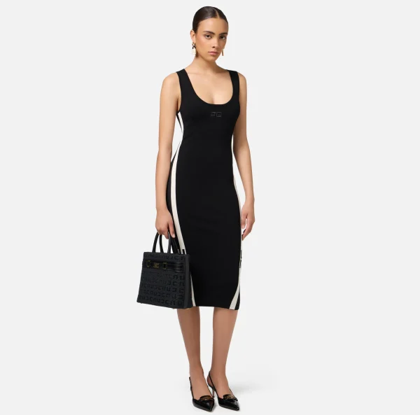 Elisabetta Franchi Abiti Tubino | Abiti Midi^Abito midi in viscosa con bande logo Nero/Burro