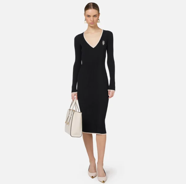 Elisabetta Franchi Abiti Midi | Abiti In Maglia^Abito midi in viscosa con logo a contrasto Nero/Burro