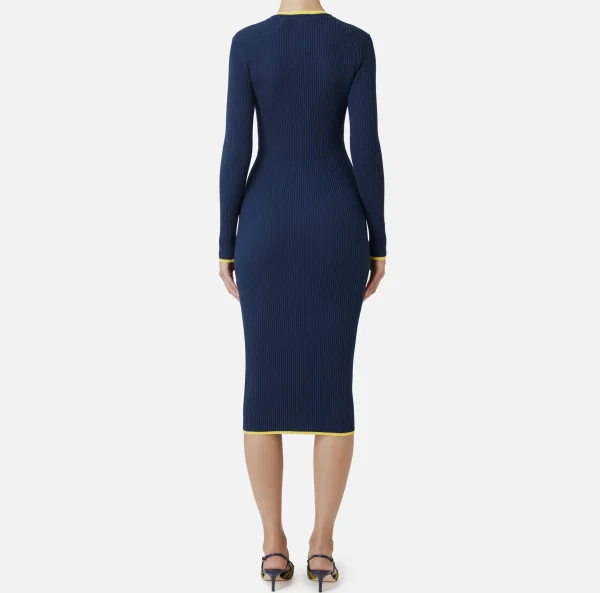 Elisabetta Franchi Abiti Midi | Abiti In Maglia^Abito midi in viscosa con logo a contrasto Navy/Mimosa
