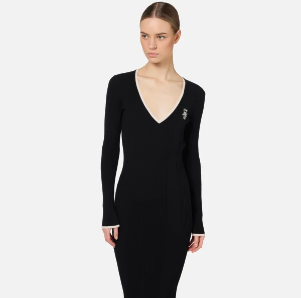 Elisabetta Franchi Abiti Midi | Abiti In Maglia^Abito midi in viscosa con logo a contrasto Nero/Burro