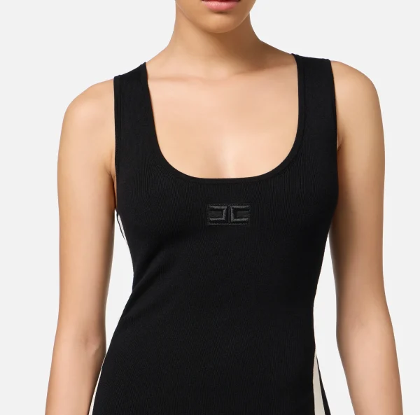 Elisabetta Franchi Abiti Tubino | Abiti Midi^Abito midi in viscosa con bande logo Nero/Burro