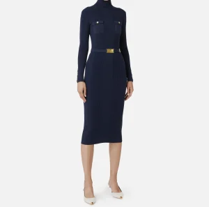 Elisabetta Franchi Abiti Midi | Abiti In Maglia^Abito midi in viscosa e seta a costine con ricamo logo Navy