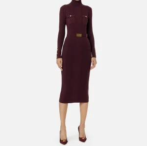 Elisabetta Franchi Abiti Midi | Abiti In Maglia^Abito midi in viscosa e seta a costine con ricamo logo RougeNoir