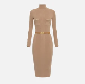 Elisabetta Franchi Abiti Midi | Abiti In Maglia^Abito midi in viscosa e seta a costine con ricamo logo Camel