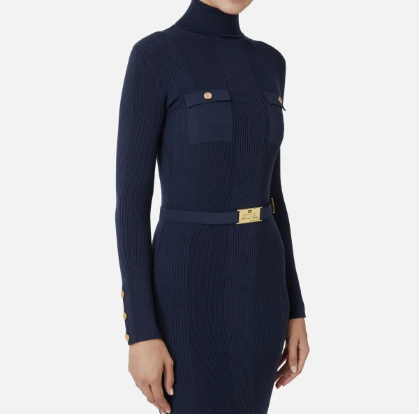 Elisabetta Franchi Abiti Midi | Abiti In Maglia^Abito midi in viscosa e seta a costine con ricamo logo Navy