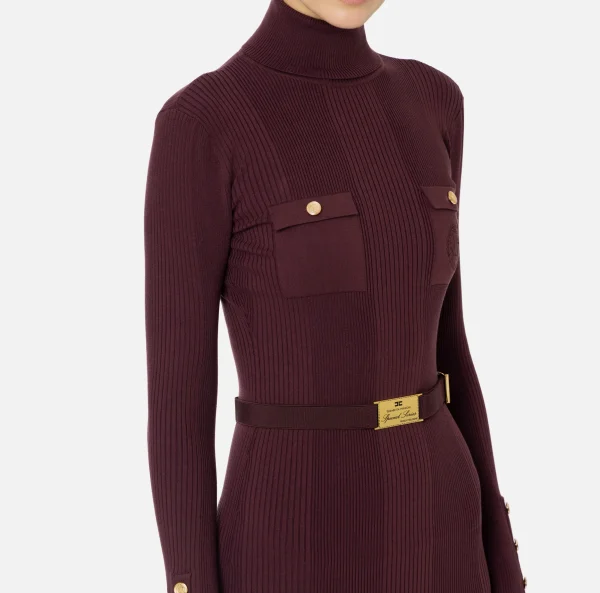 Elisabetta Franchi Abiti Midi | Abiti In Maglia^Abito midi in viscosa e seta a costine con ricamo logo RougeNoir