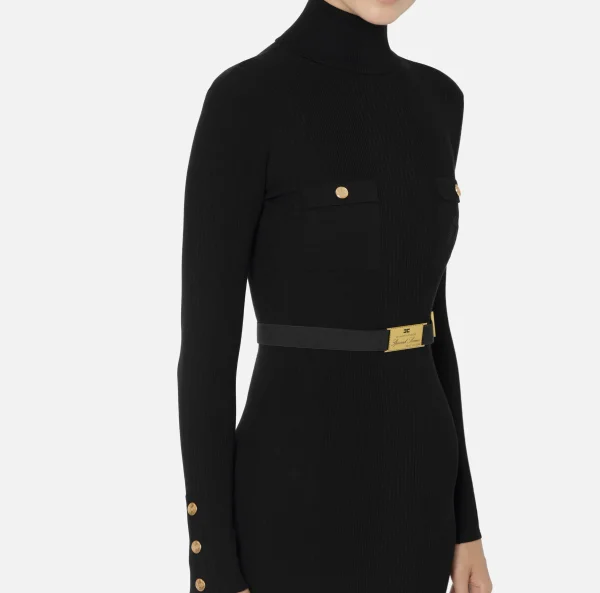 Elisabetta Franchi Abiti Midi | Abiti In Maglia^Abito midi in viscosa e seta a costine con ricamo logo Nero