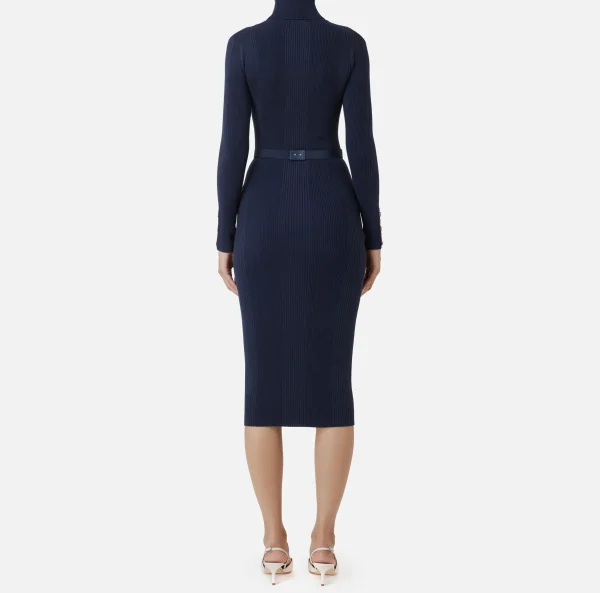 Elisabetta Franchi Abiti Midi | Abiti In Maglia^Abito midi in viscosa e seta a costine con ricamo logo Navy