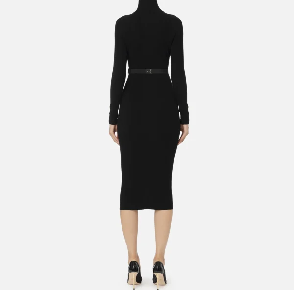 Elisabetta Franchi Abiti Midi | Abiti In Maglia^Abito midi in viscosa e seta a costine con ricamo logo Nero