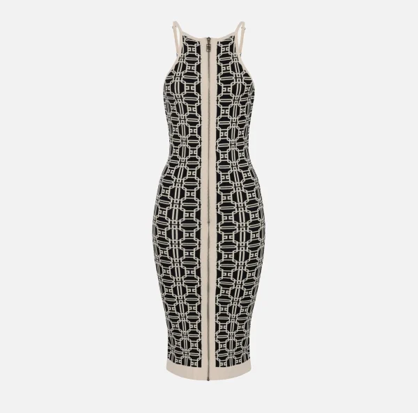 Elisabetta Franchi Abiti | Abiti Midi^Abito midi logo jacquard Nero/Burro