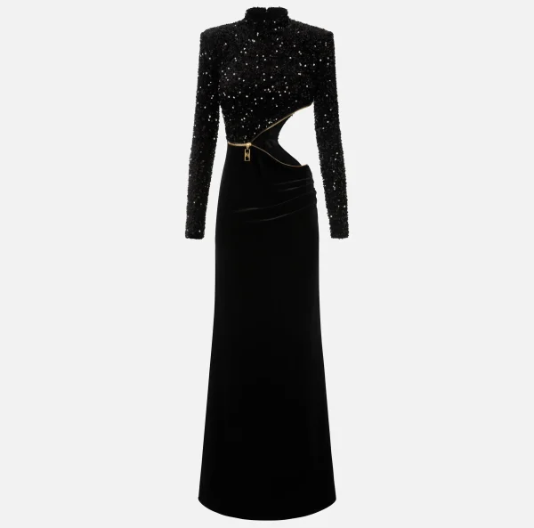 Elisabetta Franchi Abiti Red Carpet | Red Carpet^Abito red carpet in ciniglia ricamata con pailettes con cut-out Nero