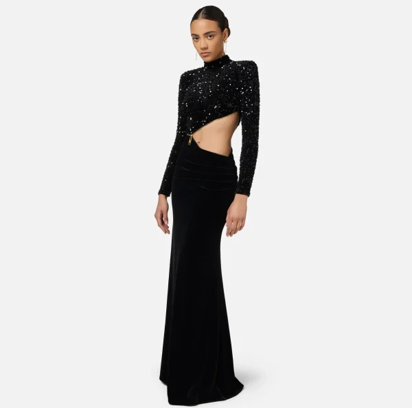 Elisabetta Franchi Abiti Red Carpet | Red Carpet^Abito red carpet in ciniglia ricamata con pailettes con cut-out Nero