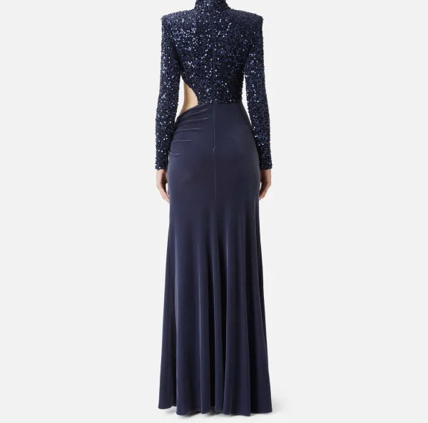 Elisabetta Franchi Abiti Red Carpet | Red Carpet^Abito red carpet in ciniglia ricamata con pailettes con cut-out Navy
