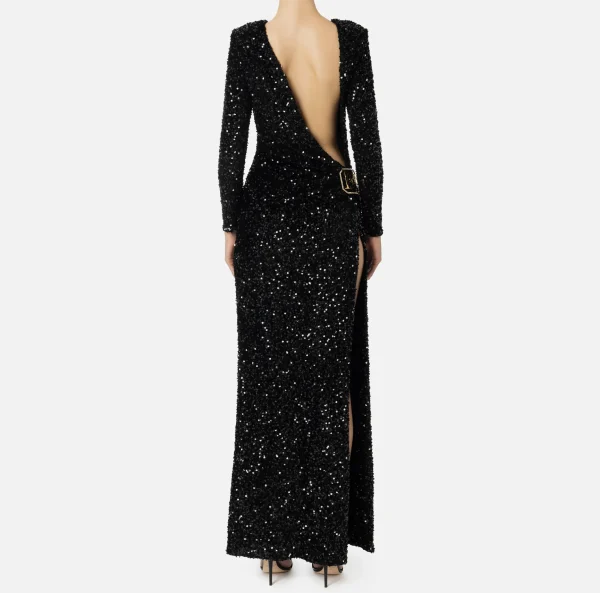 Elisabetta Franchi Abiti Red Carpet | Red Carpet^Abito red carpet in ciniglia ricamata con pailettes Nero