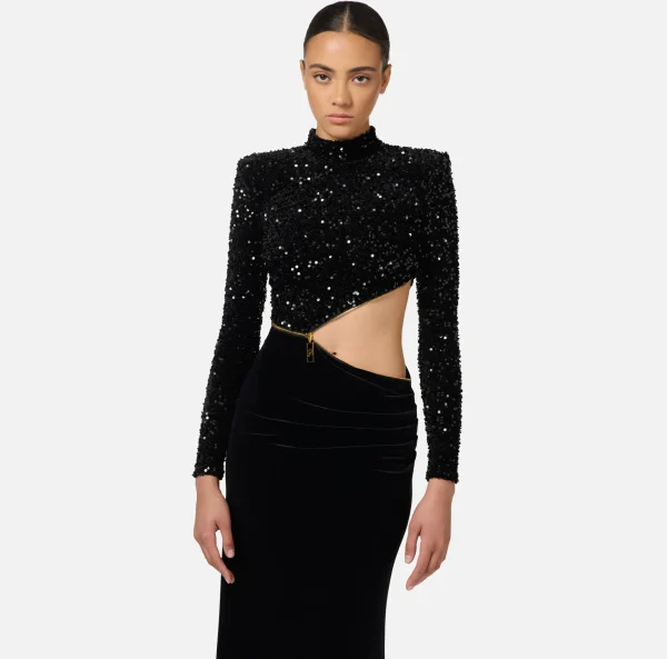 Elisabetta Franchi Abiti Red Carpet | Red Carpet^Abito red carpet in ciniglia ricamata con pailettes con cut-out Nero