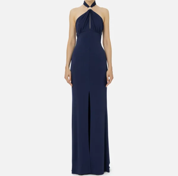 Elisabetta Franchi Abiti Red Carpet | Red Carpet^Abito red carpet in jersey con drappeggio e placca logo Navy