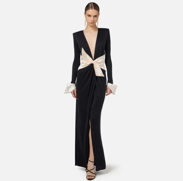 Elisabetta Franchi Abiti Red Carpet | Red Carpet^Abito red carpet in jersey drappeggiato con fusciacca Nero/Burro