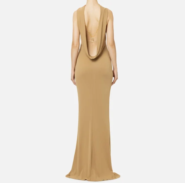 Elisabetta Franchi Abiti Red Carpet | Red Carpet^Abito red carpet in jersey con collana sulla schiena Camel
