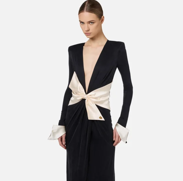 Elisabetta Franchi Abiti Red Carpet | Red Carpet^Abito red carpet in jersey drappeggiato con fusciacca Nero/Burro