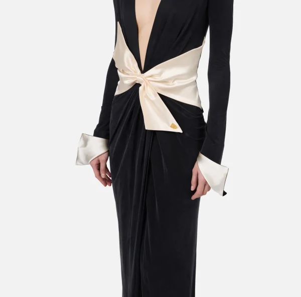 Elisabetta Franchi Abiti Red Carpet | Red Carpet^Abito red carpet in jersey drappeggiato con fusciacca Nero/Burro