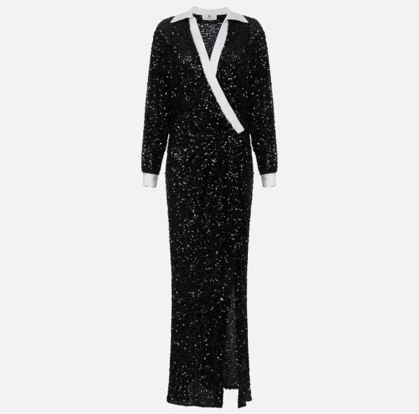 Elisabetta Franchi Abiti Red Carpet | Red Carpet^Abito red carpet in paillettes con inserti in raso Nero/Avorio
