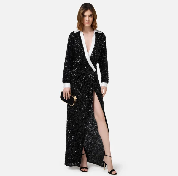 Elisabetta Franchi Abiti Red Carpet | Red Carpet^Abito red carpet in paillettes con inserti in raso Nero/Avorio