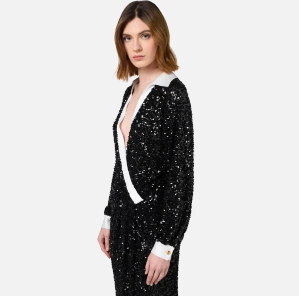 Elisabetta Franchi Abiti Red Carpet | Red Carpet^Abito red carpet in paillettes con inserti in raso Nero/Avorio