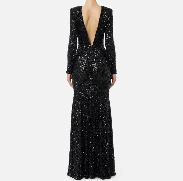 Elisabetta Franchi Abiti Red Carpet | Red Carpet^Abito red carpet in paillettes con catena e strass Nero