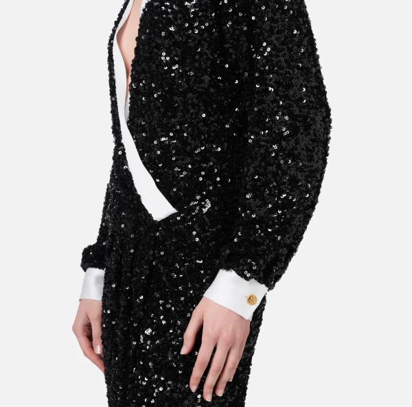 Elisabetta Franchi Abiti Red Carpet | Red Carpet^Abito red carpet in paillettes con inserti in raso Nero/Avorio