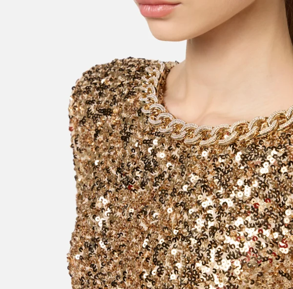Elisabetta Franchi Abiti Red Carpet | Red Carpet^Abito red carpet in paillettes con catena e strass Gold