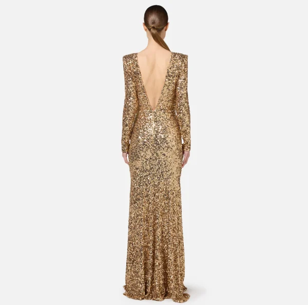 Elisabetta Franchi Abiti Red Carpet | Red Carpet^Abito red carpet in paillettes con catena e strass Gold