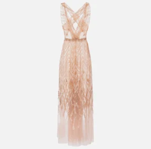 Elisabetta Franchi Abiti Red Carpet | Red Carpet^Abito red carpet in tulle con ricamo paillettes chevron Cipria