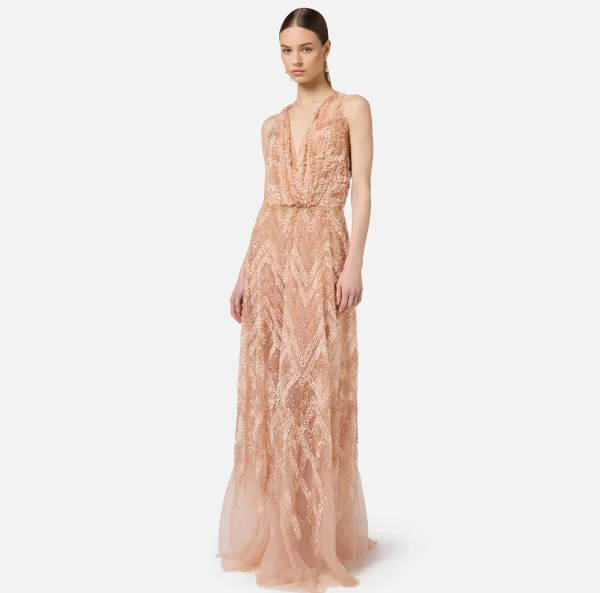Elisabetta Franchi Abiti Red Carpet | Red Carpet^Abito red carpet in tulle con ricamo paillettes chevron Cipria