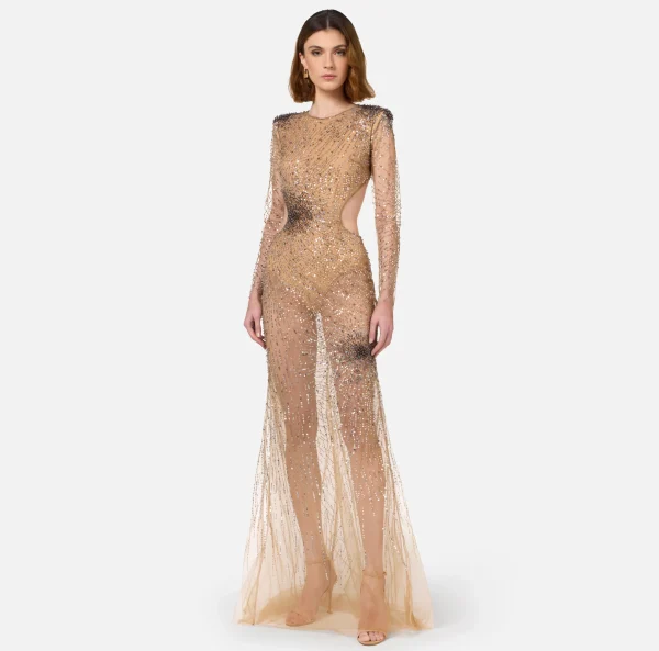 Elisabetta Franchi Abiti Red Carpet | Red Carpet^Abito red carpet in tulle stretch ricamato con paillettes fireworks Nero