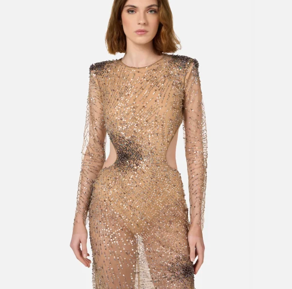 Elisabetta Franchi Abiti Red Carpet | Red Carpet^Abito red carpet in tulle stretch ricamato con paillettes fireworks Nero