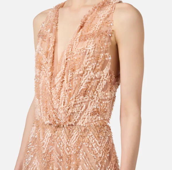 Elisabetta Franchi Abiti Red Carpet | Red Carpet^Abito red carpet in tulle con ricamo paillettes chevron Cipria