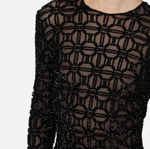 Elisabetta Franchi Abiti Red Carpet | Red Carpet^Abito red carpet in tulle flock ricamato Nero