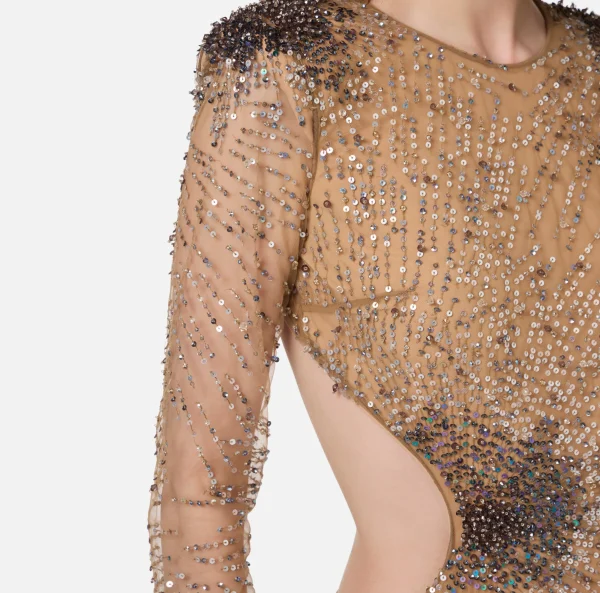 Elisabetta Franchi Abiti Red Carpet | Red Carpet^Abito red carpet in tulle stretch ricamato con paillettes fireworks Nero