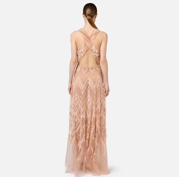 Elisabetta Franchi Abiti Red Carpet | Red Carpet^Abito red carpet in tulle con ricamo paillettes chevron Cipria