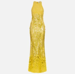 Elisabetta Franchi Red Carpet | Abiti Red Carpet^Abito red carpet ricamato con frange d'organza Mimosa