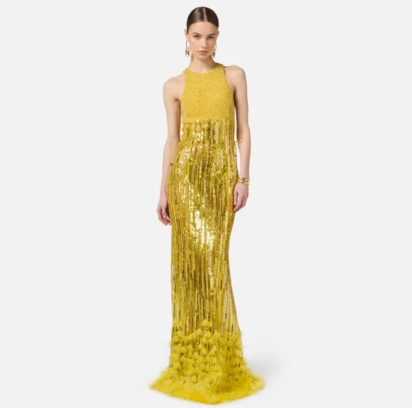 Elisabetta Franchi Red Carpet | Abiti Red Carpet^Abito red carpet ricamato con frange d'organza Mimosa
