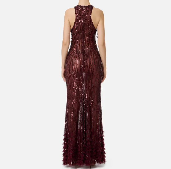 Elisabetta Franchi Red Carpet | Abiti Red Carpet^Abito red carpet ricamato con frange d'organza RougeNoir