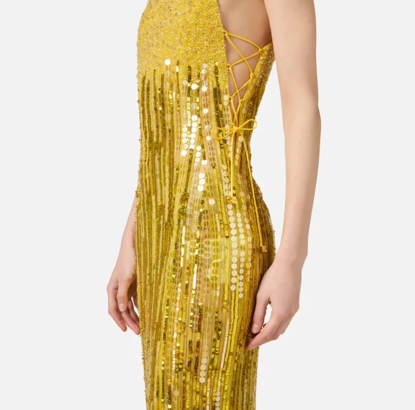 Elisabetta Franchi Red Carpet | Abiti Red Carpet^Abito red carpet ricamato con frange d'organza Mimosa