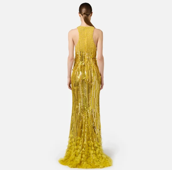 Elisabetta Franchi Red Carpet | Abiti Red Carpet^Abito red carpet ricamato con frange d'organza Mimosa