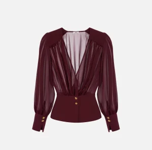 Elisabetta Franchi Camicie E Bluse^Blusa in georgette con baschina RougeNoir