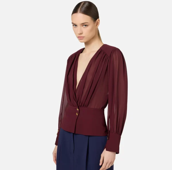 Elisabetta Franchi Camicie E Bluse^Blusa in georgette con baschina RougeNoir