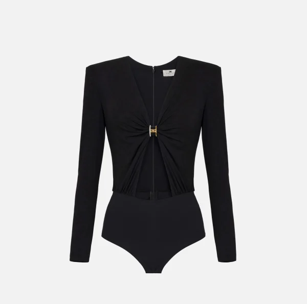 Elisabetta Franchi Top, T-Shirt & Body^Body in jersey con anella gioiello Nero