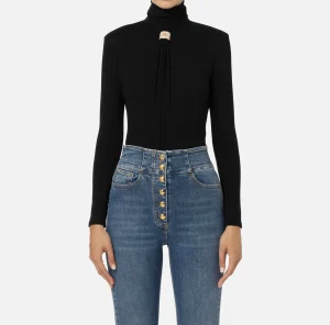 Elisabetta Franchi Top, T-Shirt & Body^Body in jersey con drappeggio e placca logo Nero